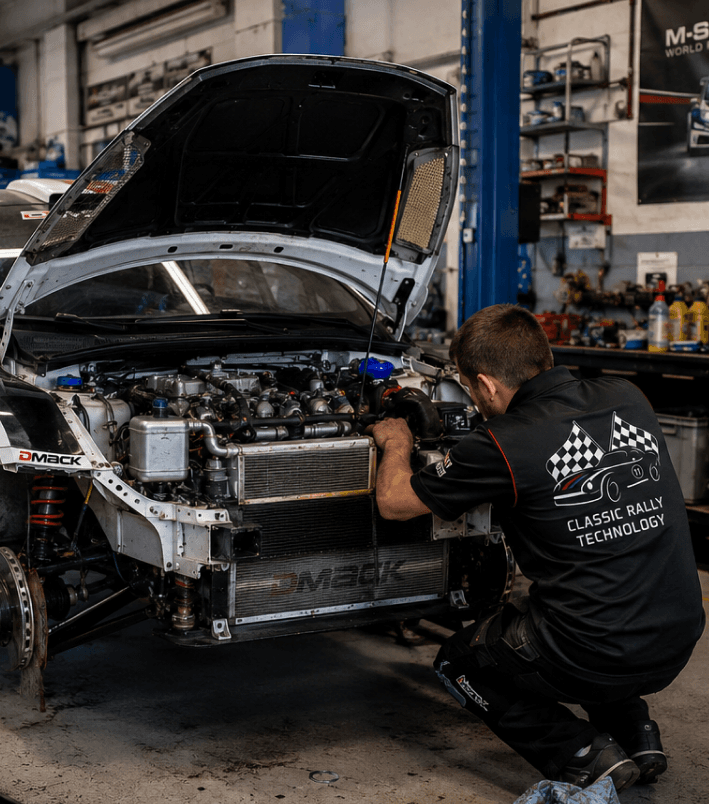 Monteur werkt aan de voorkant van een klassiek autochassis